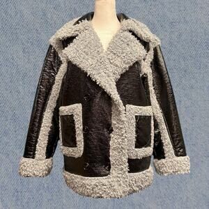 Nasty Gal Women’s Black Vinyl Double-Breasted Borg Jacket – Sz: 4